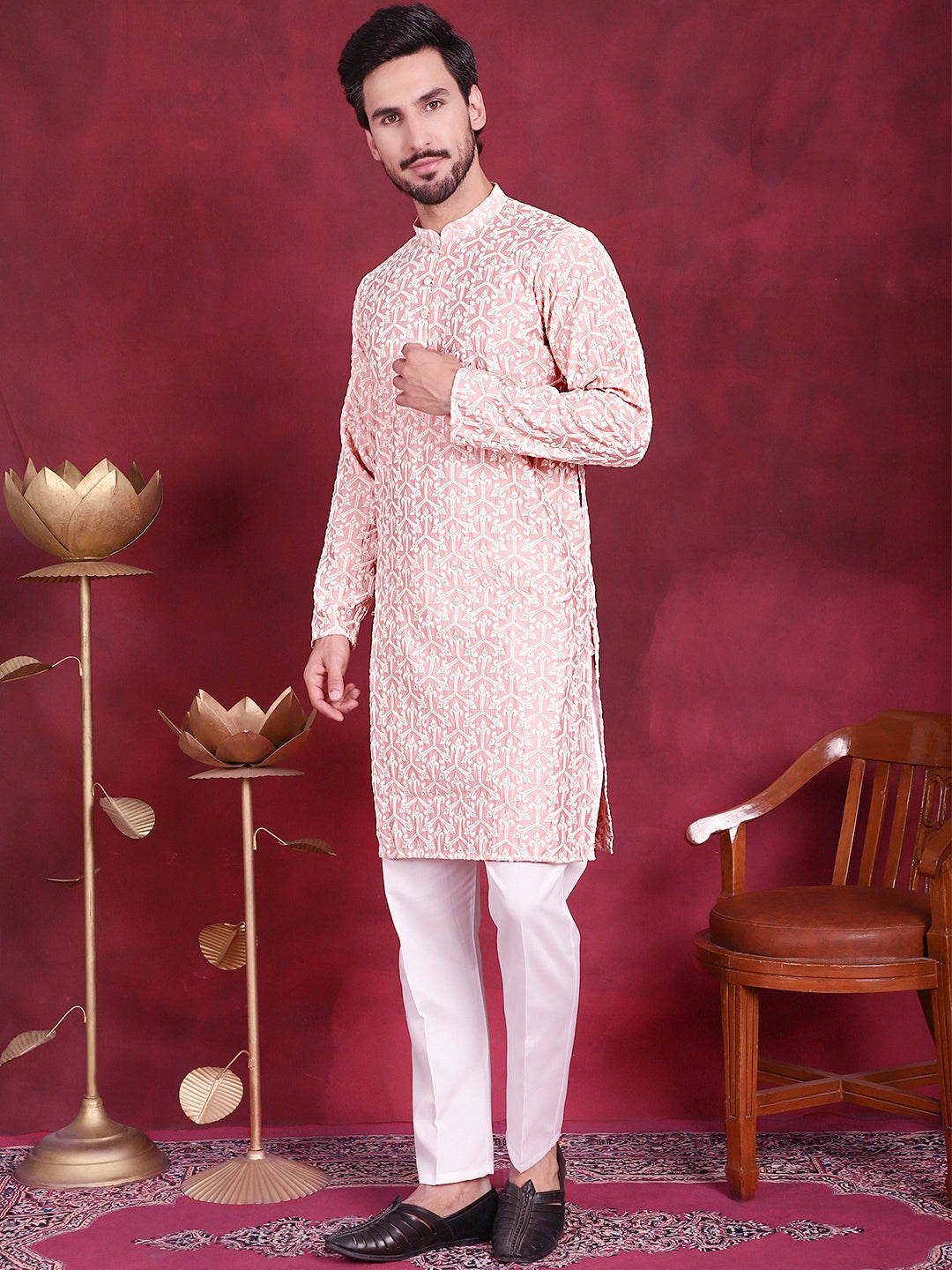 Jompers Men's Chikankari Embroidered Kurta Pyjama Set - Pink - Distacart