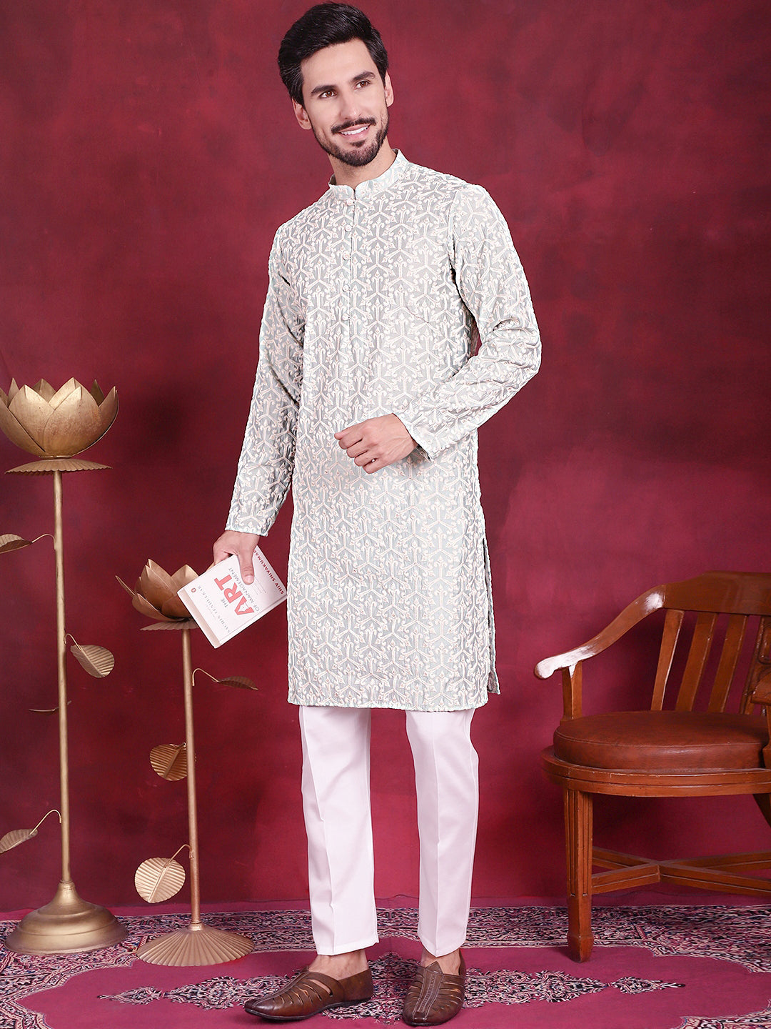 Jompers Men's Chikankari Embroidered Kurta Pyjama Set - Pista - Distacart