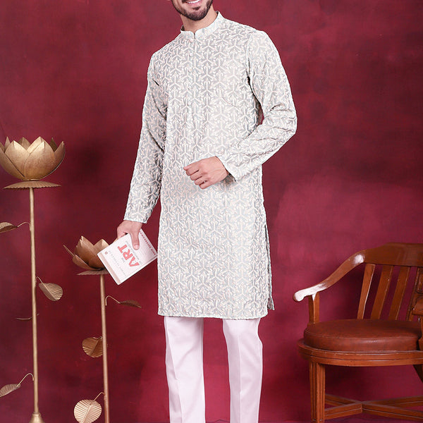 Jompers Men's Chikankari Embroidered Kurta Pyjama Set - Pista - Distacart
