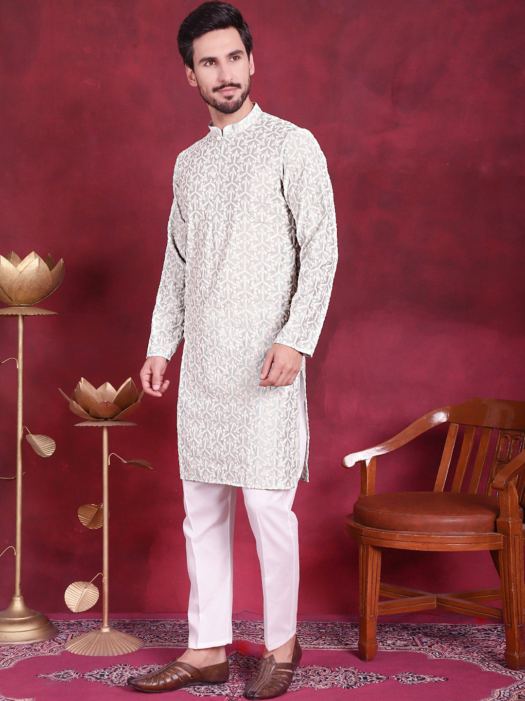 Jompers Men's Chikankari Embroidered Kurta Pyjama Set - Pista - Distacart