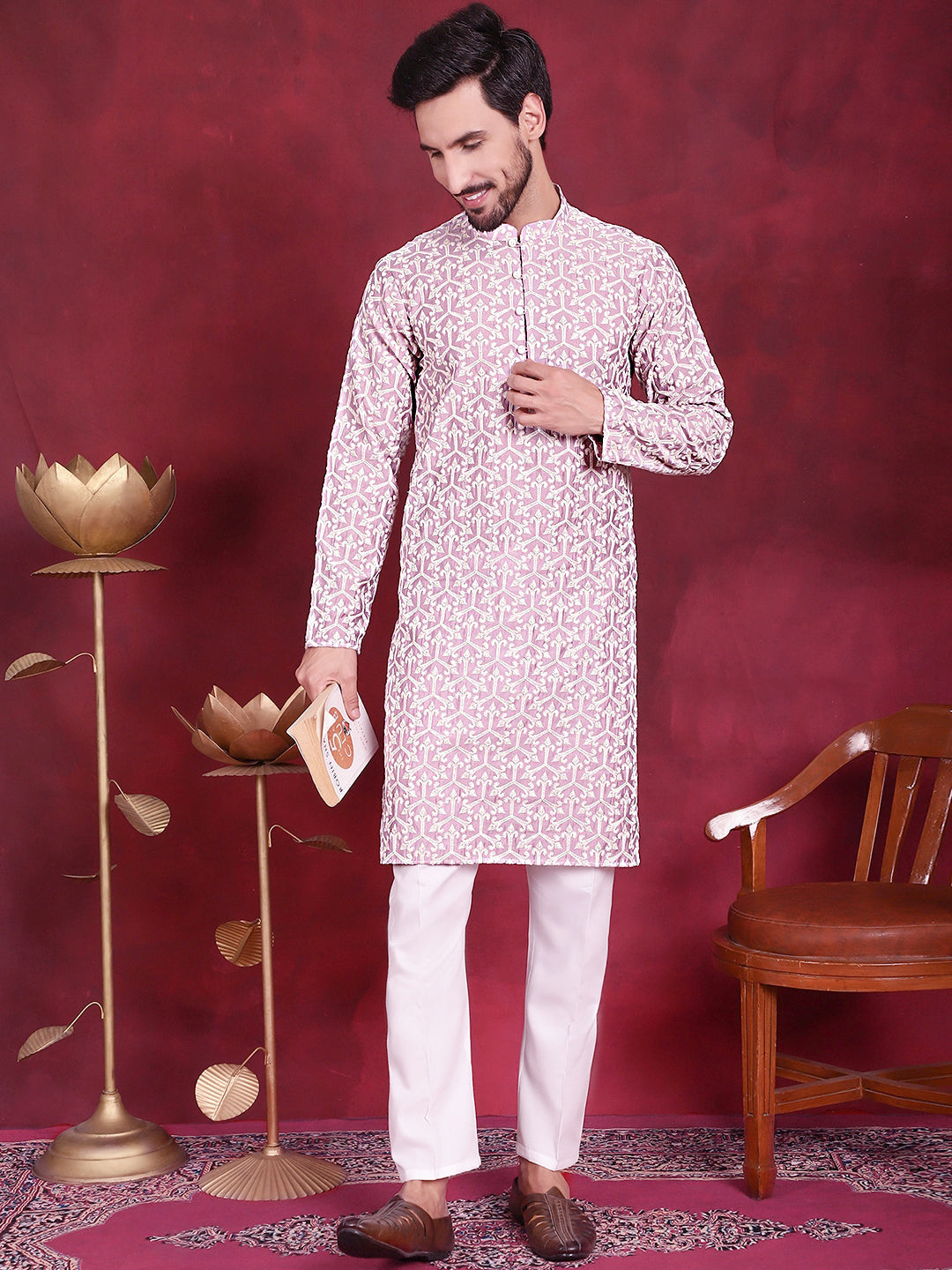 Jompers Men's Chikankari Embroidered Kurta Pyjama Set - Purple - Distacart