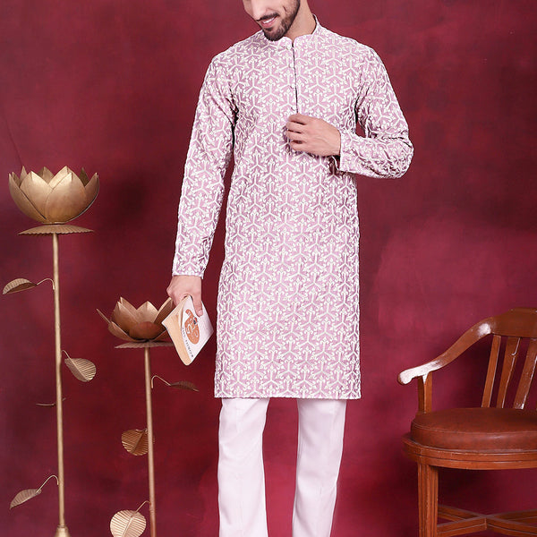 Jompers Men's Chikankari Embroidered Kurta Pyjama Set - Purple - Distacart