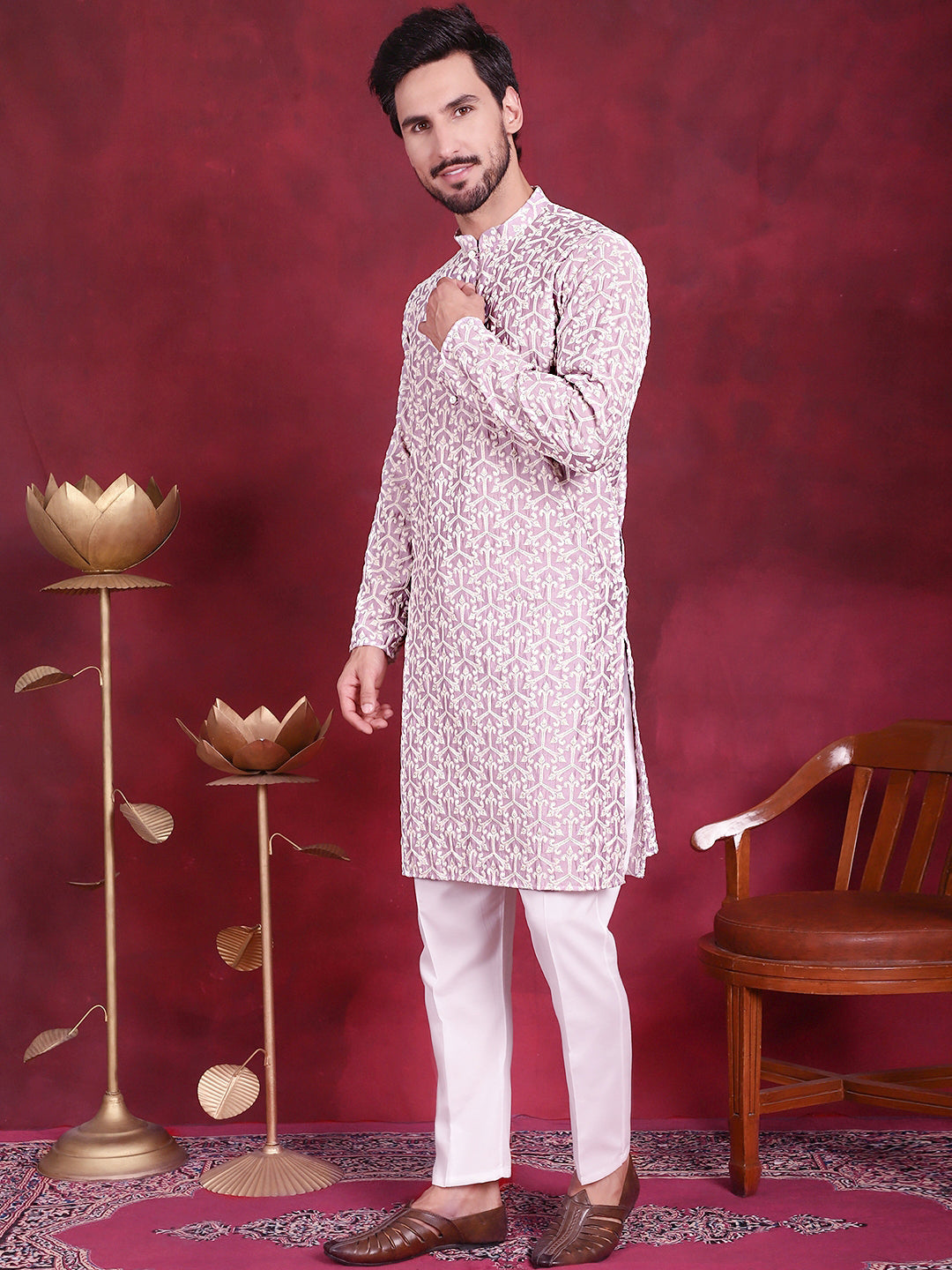 Jompers Men's Chikankari Embroidered Kurta Pyjama Set - Purple - Distacart