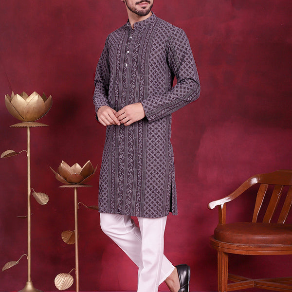 Jompers Men's Chikankari Embroidered Kurta Pyjama Set - Grey - Distacart