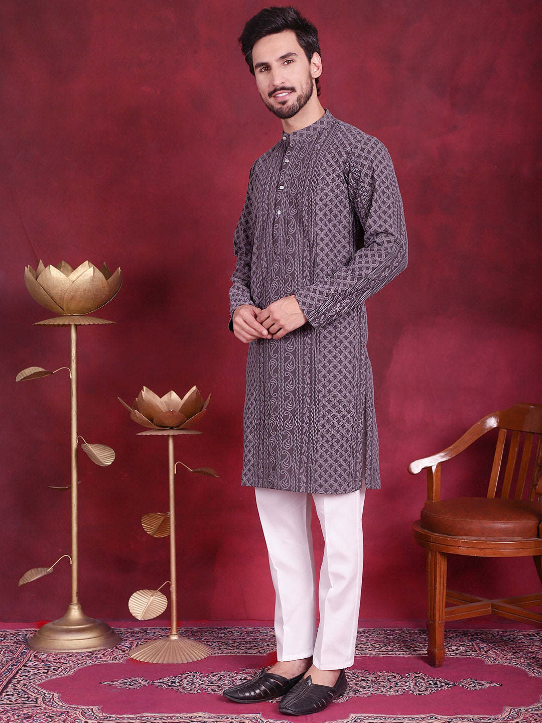 Jompers Men's Chikankari Embroidered Kurta Pyjama Set - Grey - Distacart