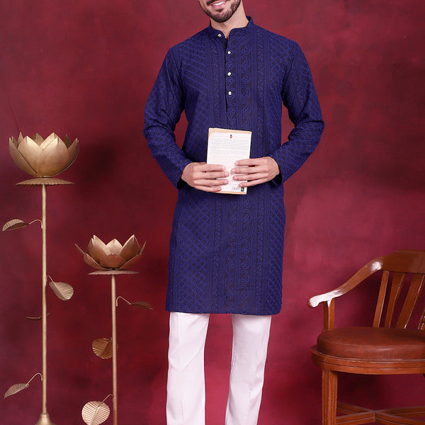 Jompers Men's Chikankari Embroidered Kurta Pyjama Set - Navy Blue - Distacart