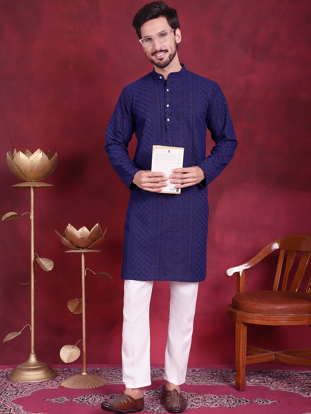 Jompers Men's Chikankari Embroidered Kurta Pyjama Set - Navy Blue - Distacart