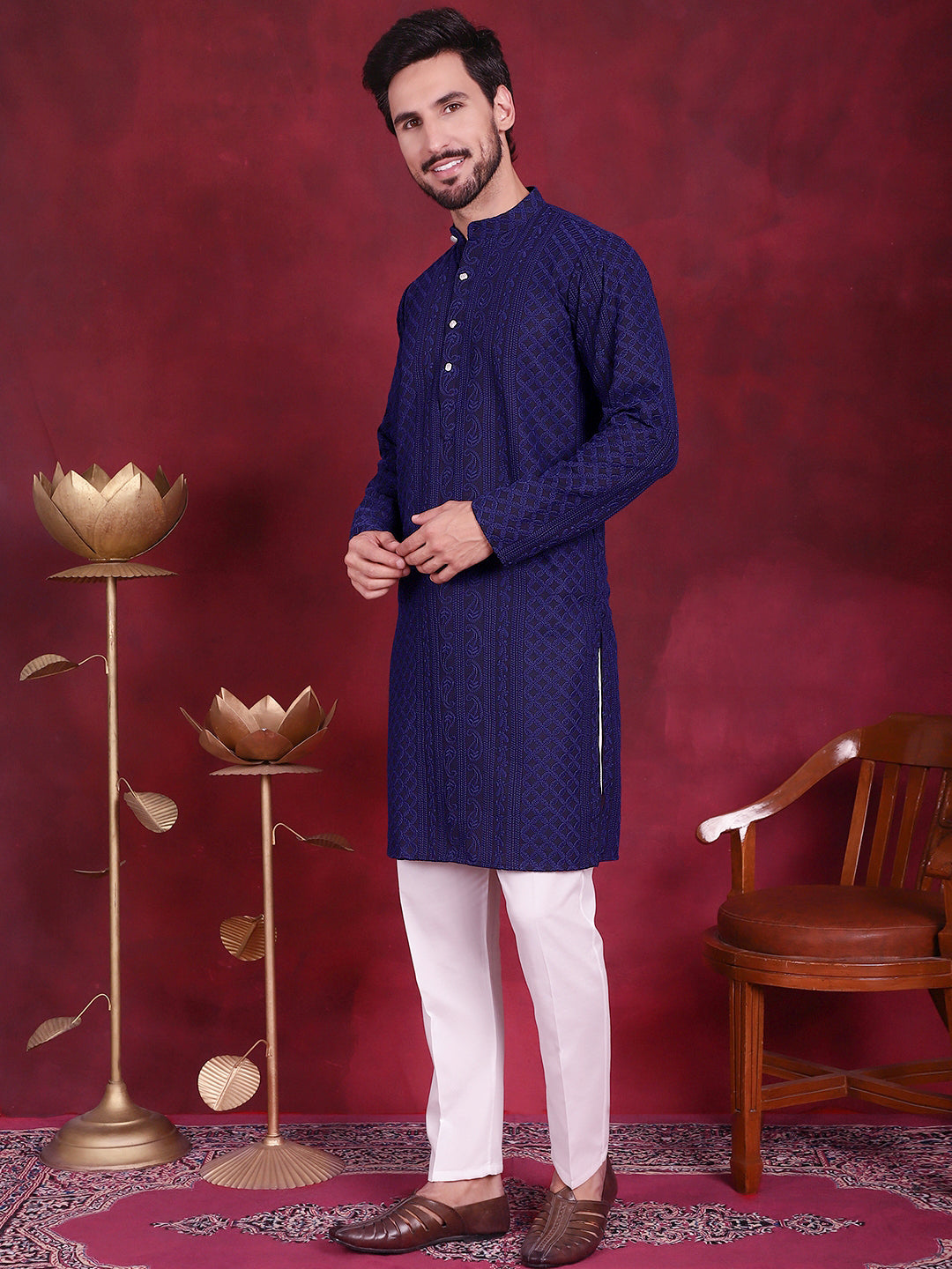 Jompers Men's Chikankari Embroidered Kurta Pyjama Set - Navy Blue - Distacart