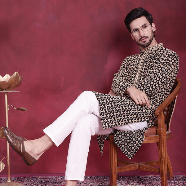 Jompers Men's Sequins Embroidered Kurta with Pyjama - Black - Distacart