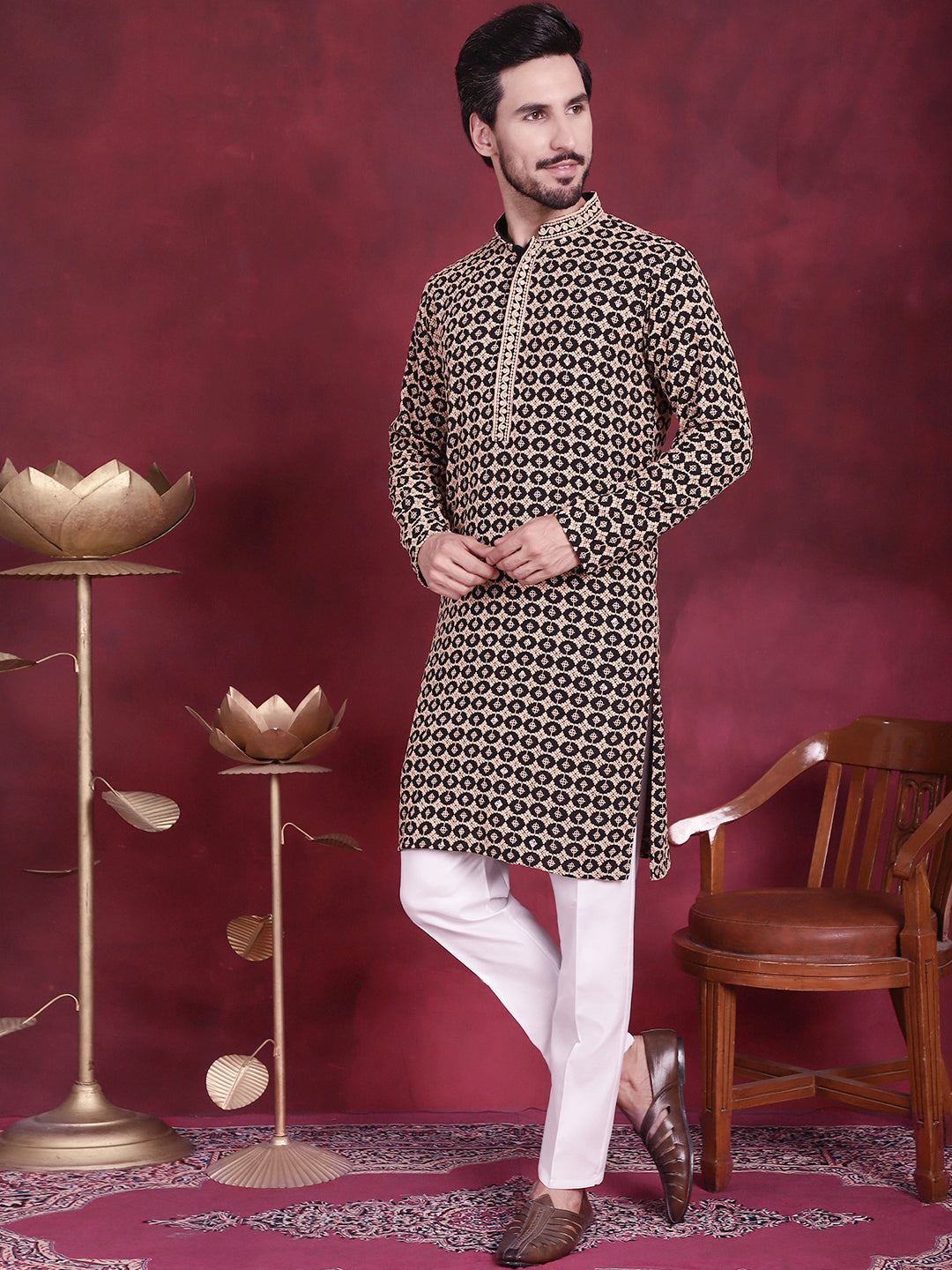 Jompers Men's Sequins Embroidered Kurta with Pyjama - Black - Distacart