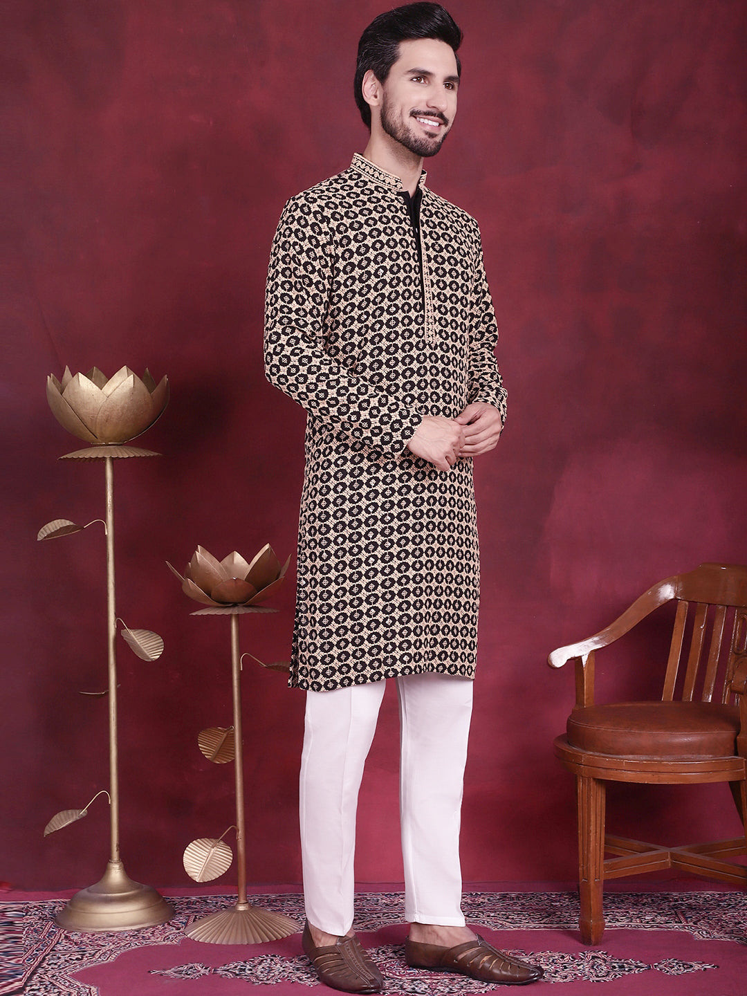 Jompers Men's Sequins Embroidered Kurta with Pyjama - Black - Distacart