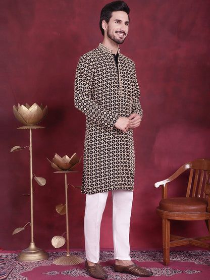 Jompers Men's Sequins Embroidered Kurta with Pyjama - Black - Distacart