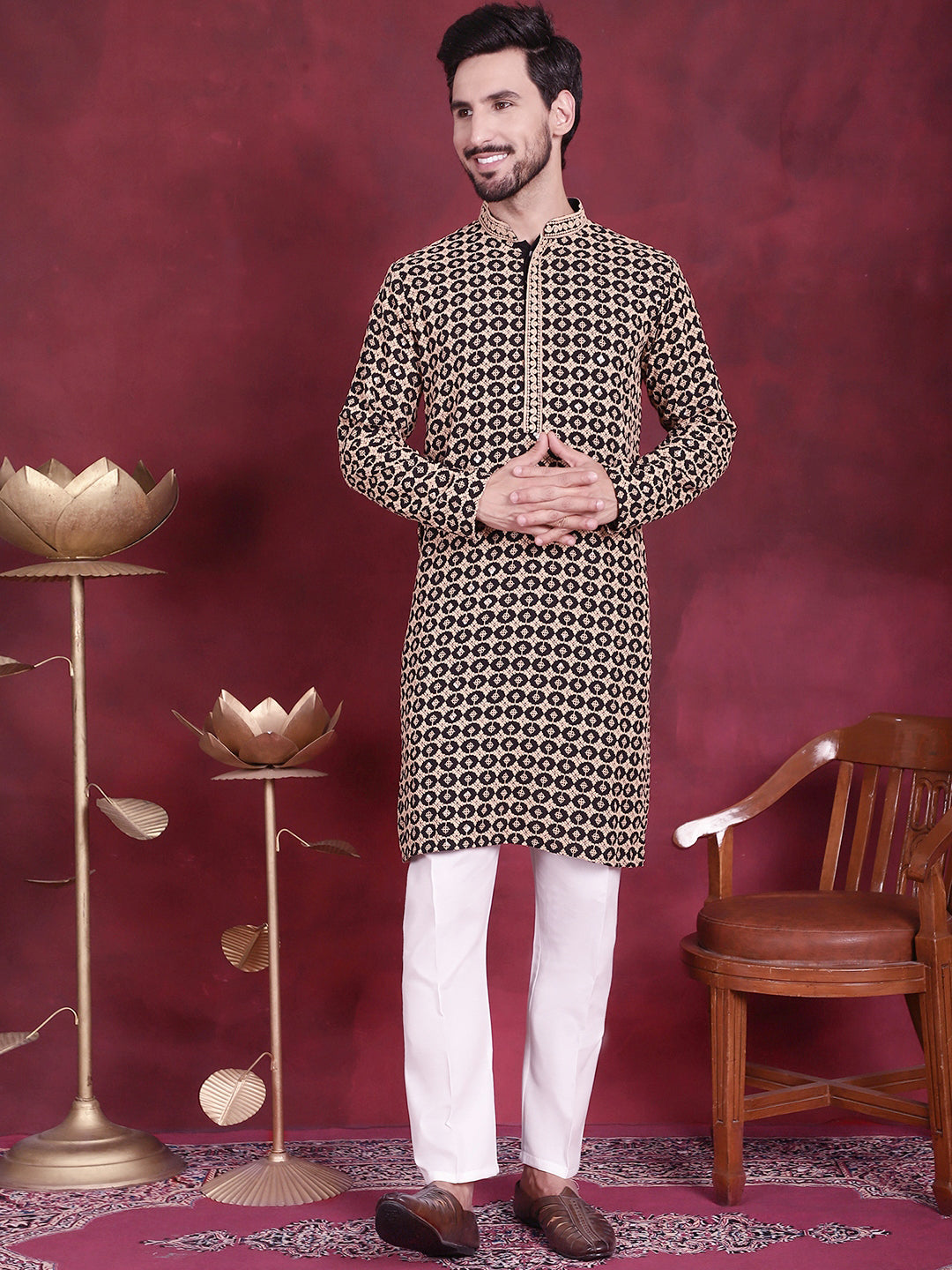 Jompers Men's Sequins Embroidered Kurta with Pyjama - Black - Distacart