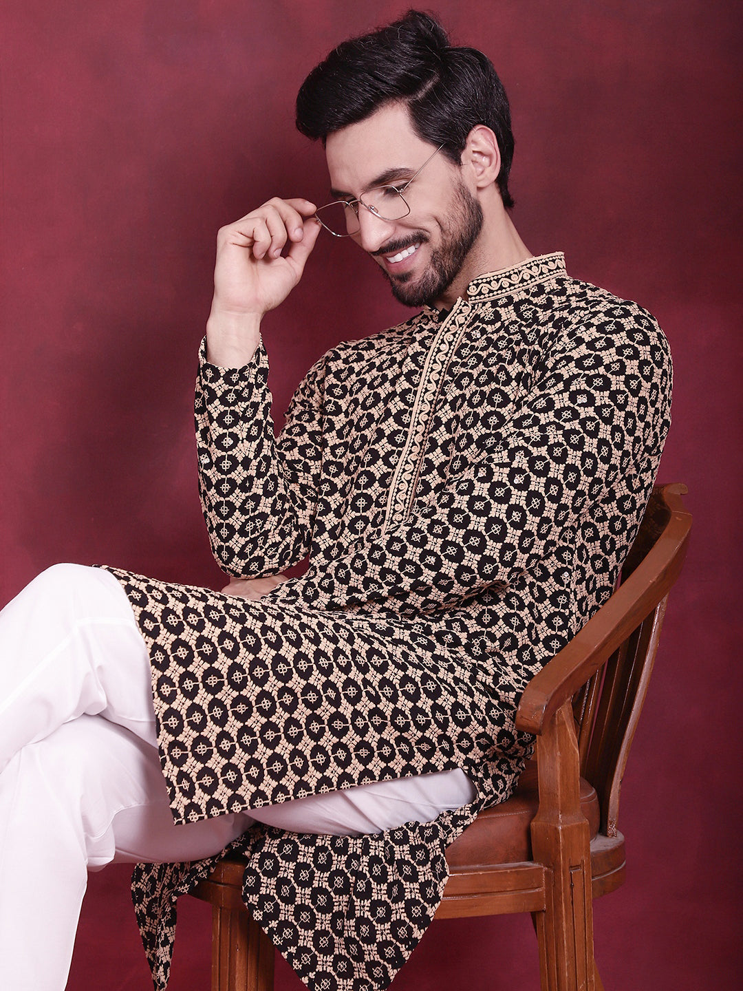 Jompers Men's Sequins Embroidered Kurta with Pyjama - Black - Distacart