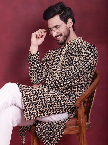 Jompers Men's Sequins Embroidered Kurta with Pyjama - Black - Distacart