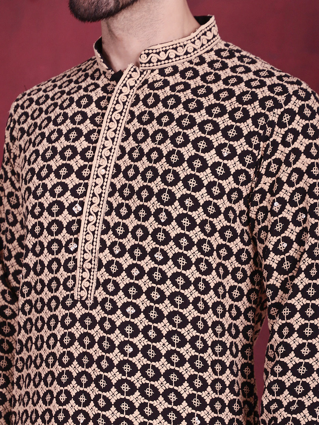 Jompers Men's Sequins Embroidered Kurta with Pyjama - Black - Distacart