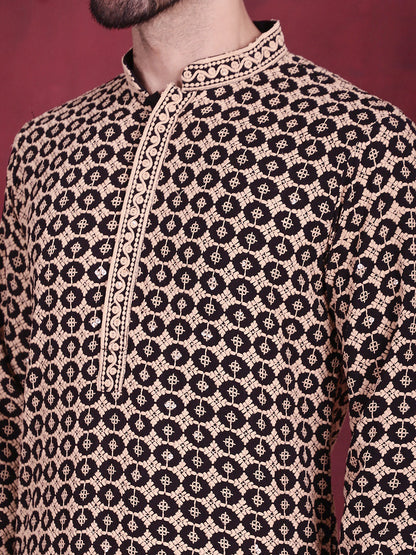 Jompers Men's Sequins Embroidered Kurta with Pyjama - Black - Distacart