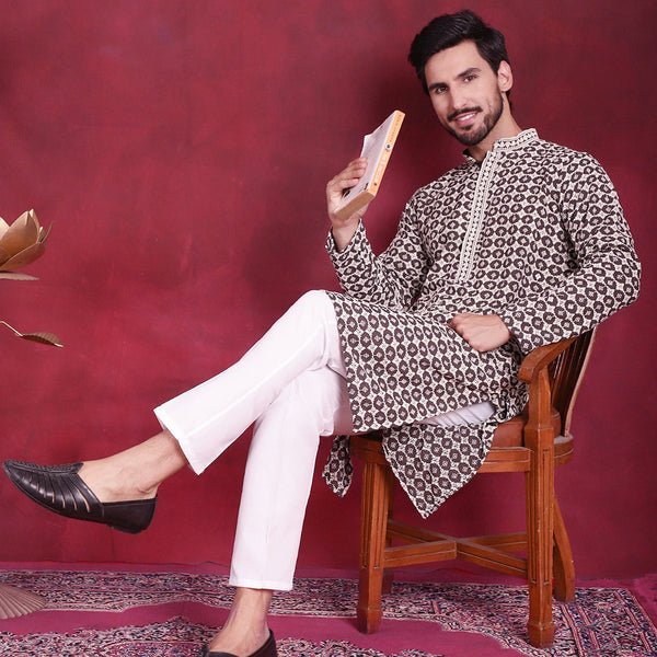 Jompers Men's Sequins Embroidered Kurta with Pyjama - Brown - Distacart