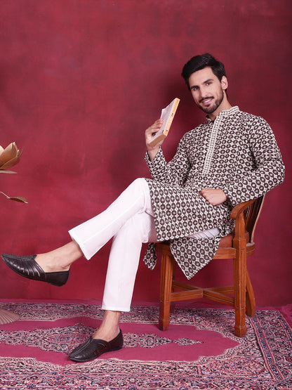 Jompers Men's Sequins Embroidered Kurta with Pyjama - Brown - Distacart