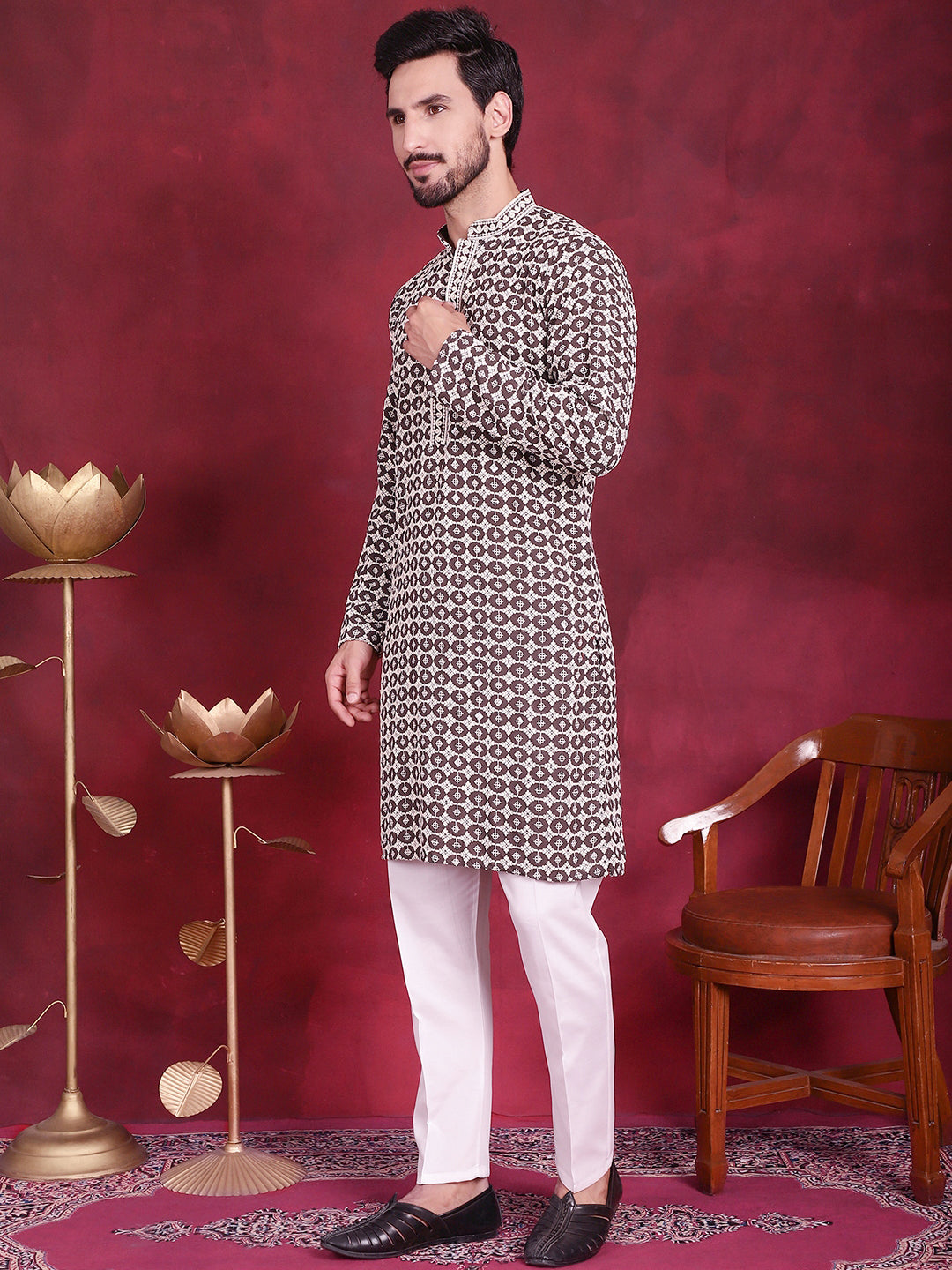 Jompers Men's Sequins Embroidered Kurta with Pyjama - Brown - Distacart