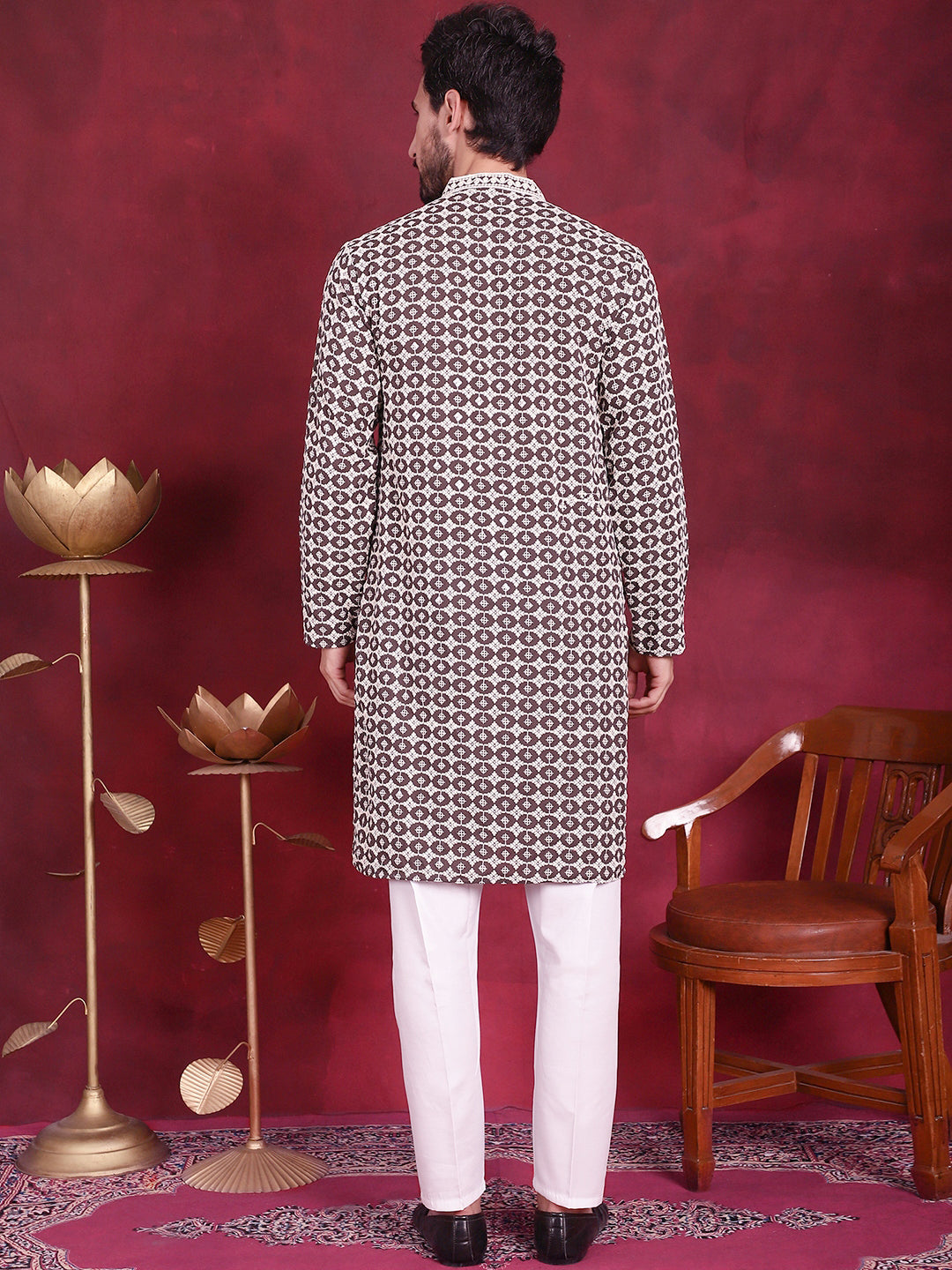 Jompers Men's Sequins Embroidered Kurta with Pyjama - Brown - Distacart