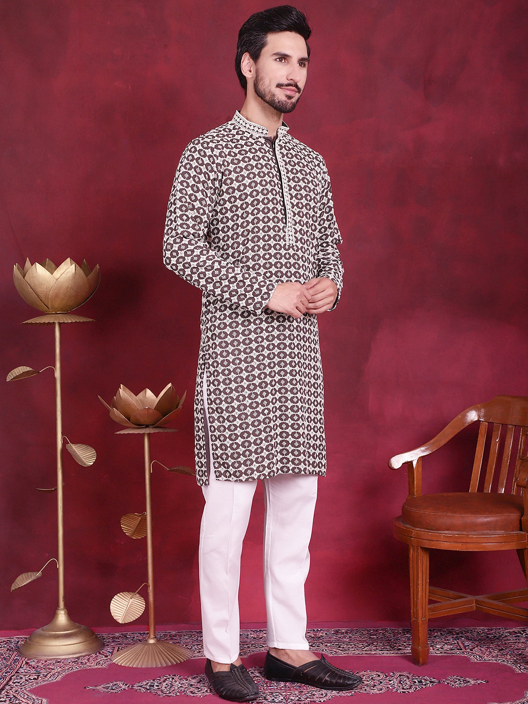 Jompers Men's Sequins Embroidered Kurta with Pyjama - Brown - Distacart