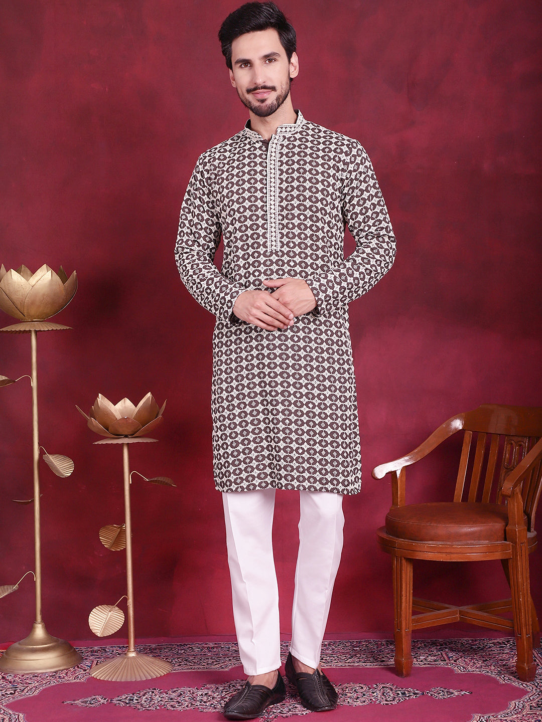 Jompers Men's Sequins Embroidered Kurta with Pyjama - Brown - Distacart