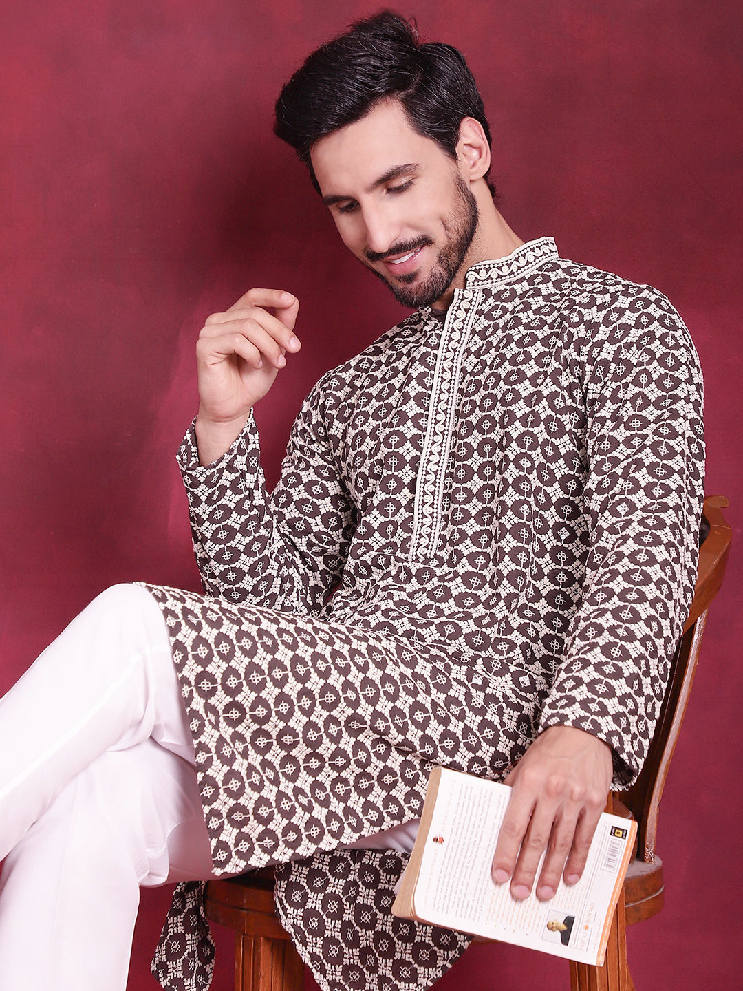 Jompers Men's Sequins Embroidered Kurta with Pyjama - Brown - Distacart