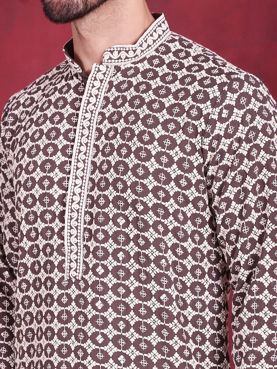 Jompers Men's Sequins Embroidered Kurta with Pyjama - Brown - Distacart
