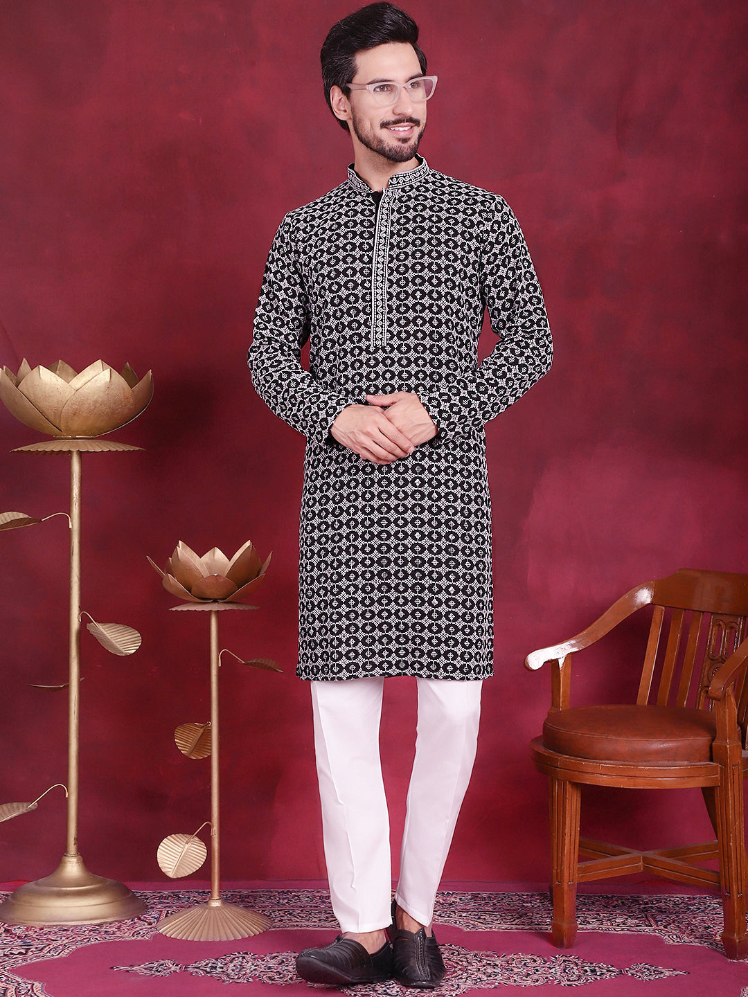 Jompers Men's Sequins Embroidered Kurta with Pyjama - Grey - Distacart
