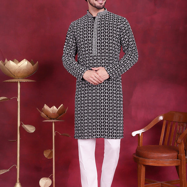 Jompers Men's Sequins Embroidered Kurta with Pyjama - Grey - Distacart