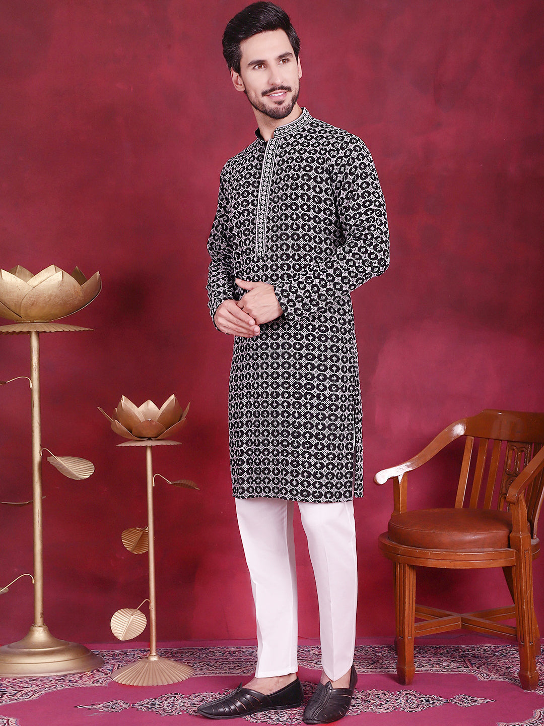 Jompers Men's Sequins Embroidered Kurta with Pyjama - Grey - Distacart