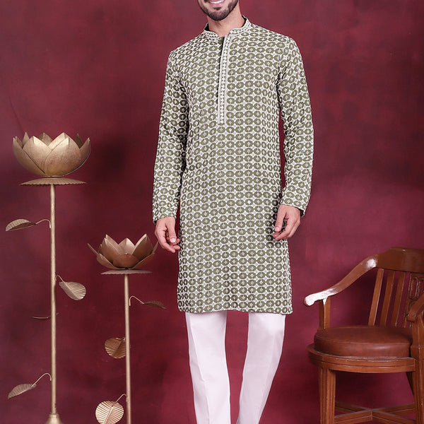Jompers Men's Sequins Embroidered Kurta with Pyjama - Mehndi - Distacart