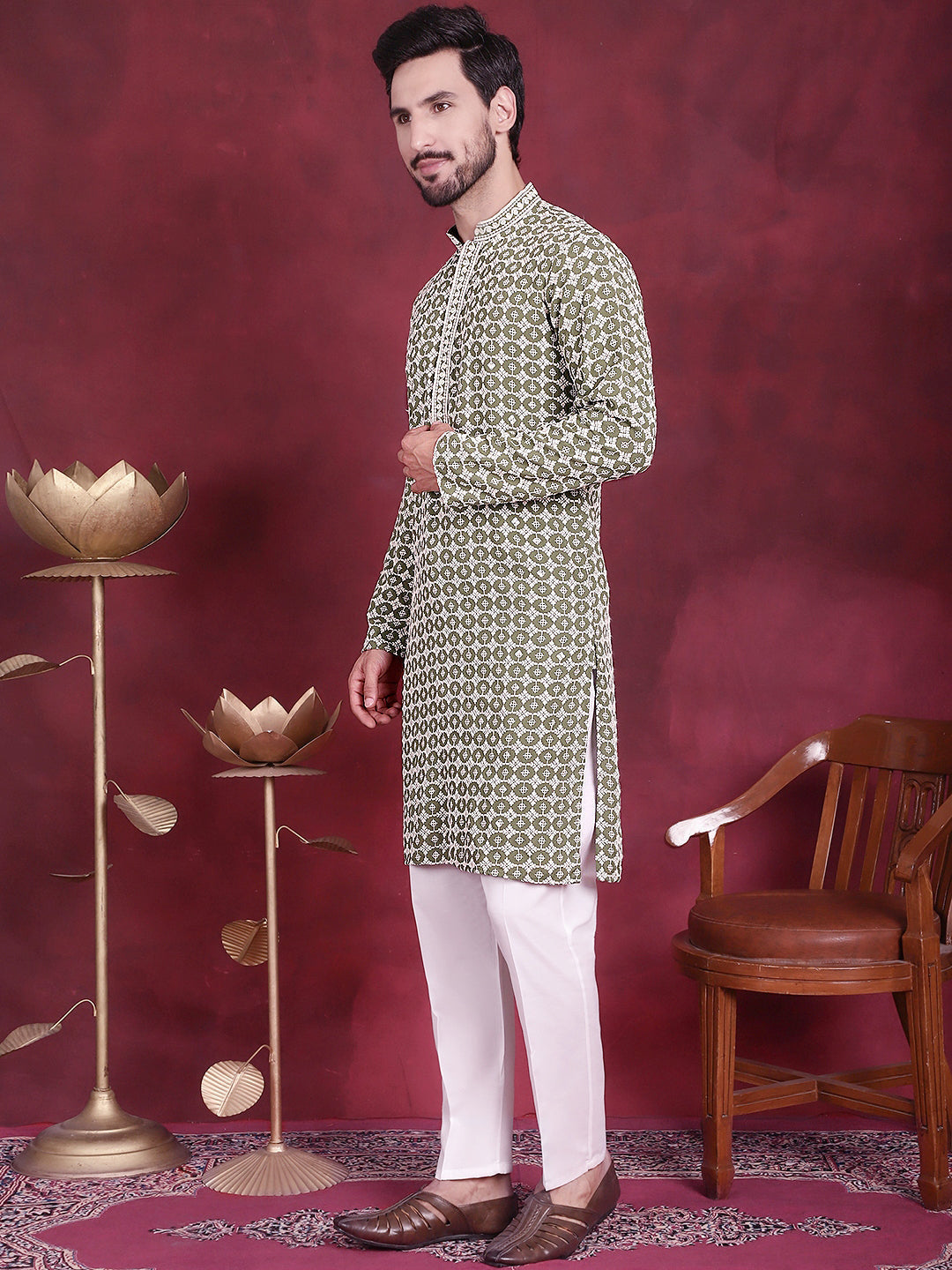 Jompers Men's Sequins Embroidered Kurta with Pyjama - Mehndi - Distacart