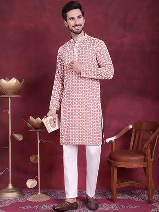Jompers Men's Sequins Embroidered Kurta with Pyjama - Peach - Distacart