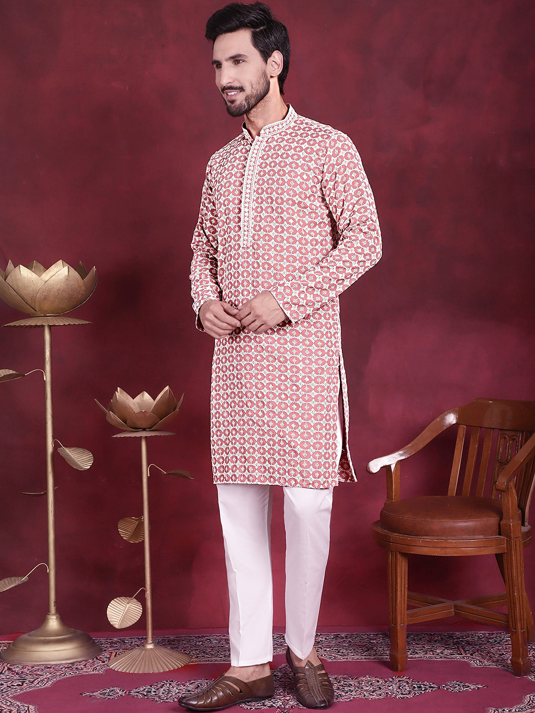 Jompers Men's Sequins Embroidered Kurta with Pyjama - Peach - Distacart