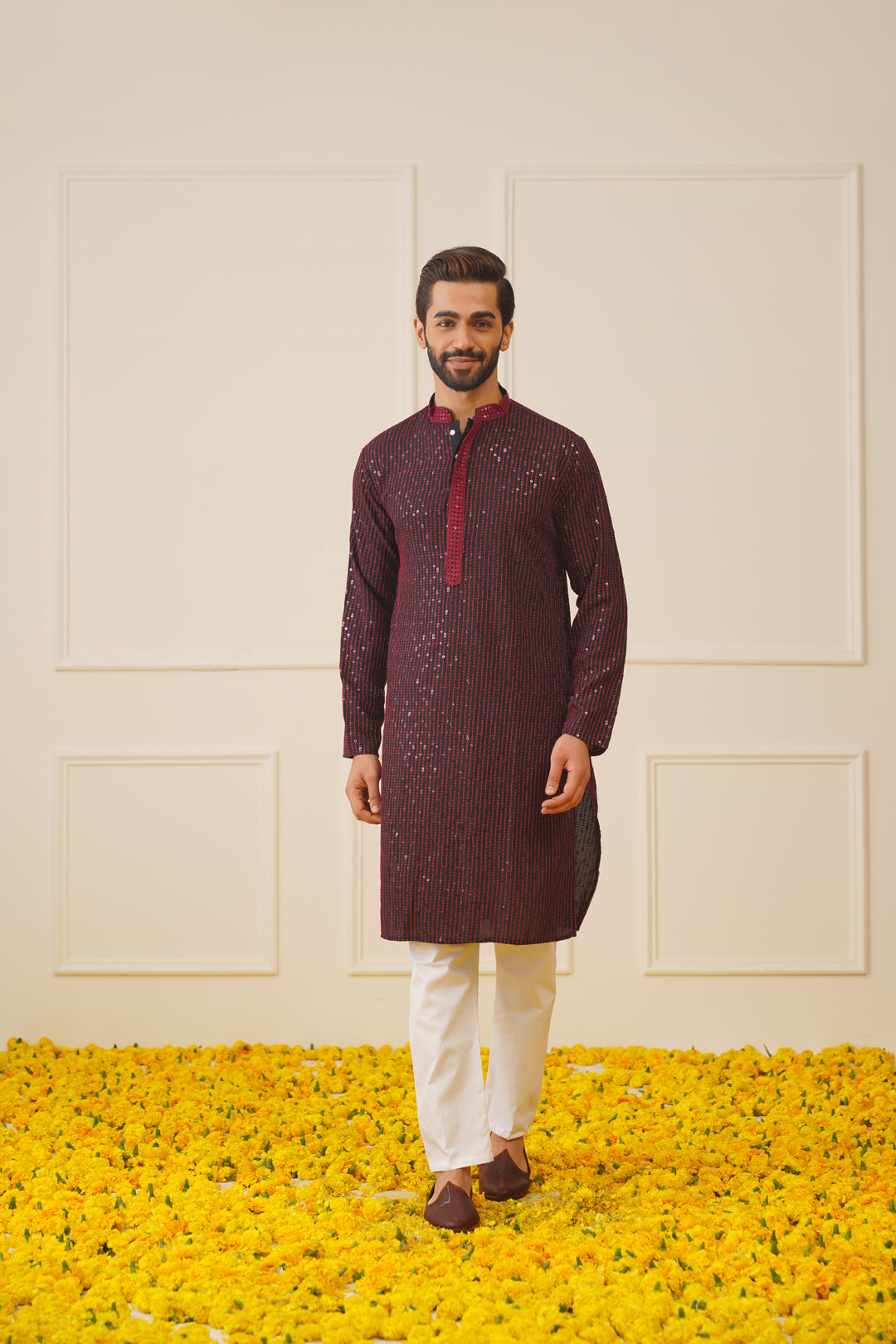 Jompers Men's Sequins Chikankari Embroidered Kurta with Pyjama - Maroon - Distacart