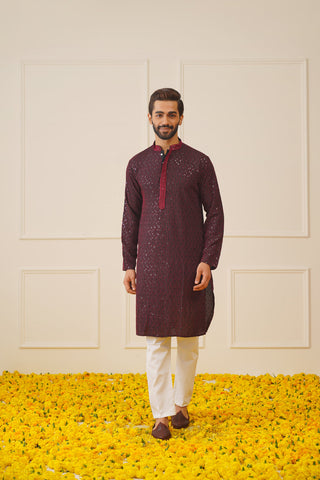 Jompers Men's Sequins Chikankari Embroidered Kurta with Pyjama - Maroon - Distacart