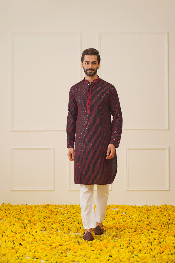 Jompers Men's Sequins Chikankari Embroidered Kurta with Pyjama - Maroon - Distacart