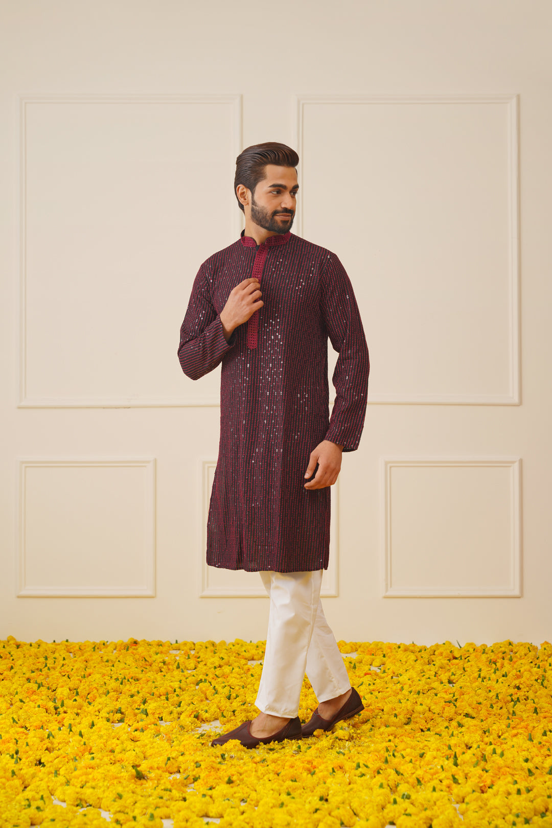 Jompers Men's Sequins Chikankari Embroidered Kurta with Pyjama - Maroon - Distacart