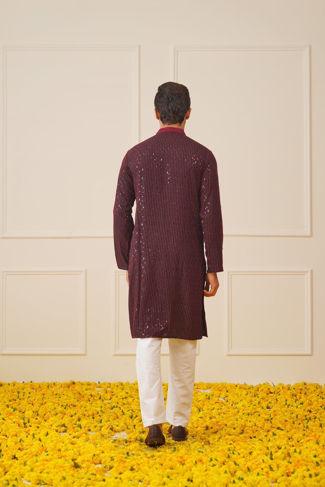 Jompers Men's Sequins Chikankari Embroidered Kurta with Pyjama - Maroon - Distacart