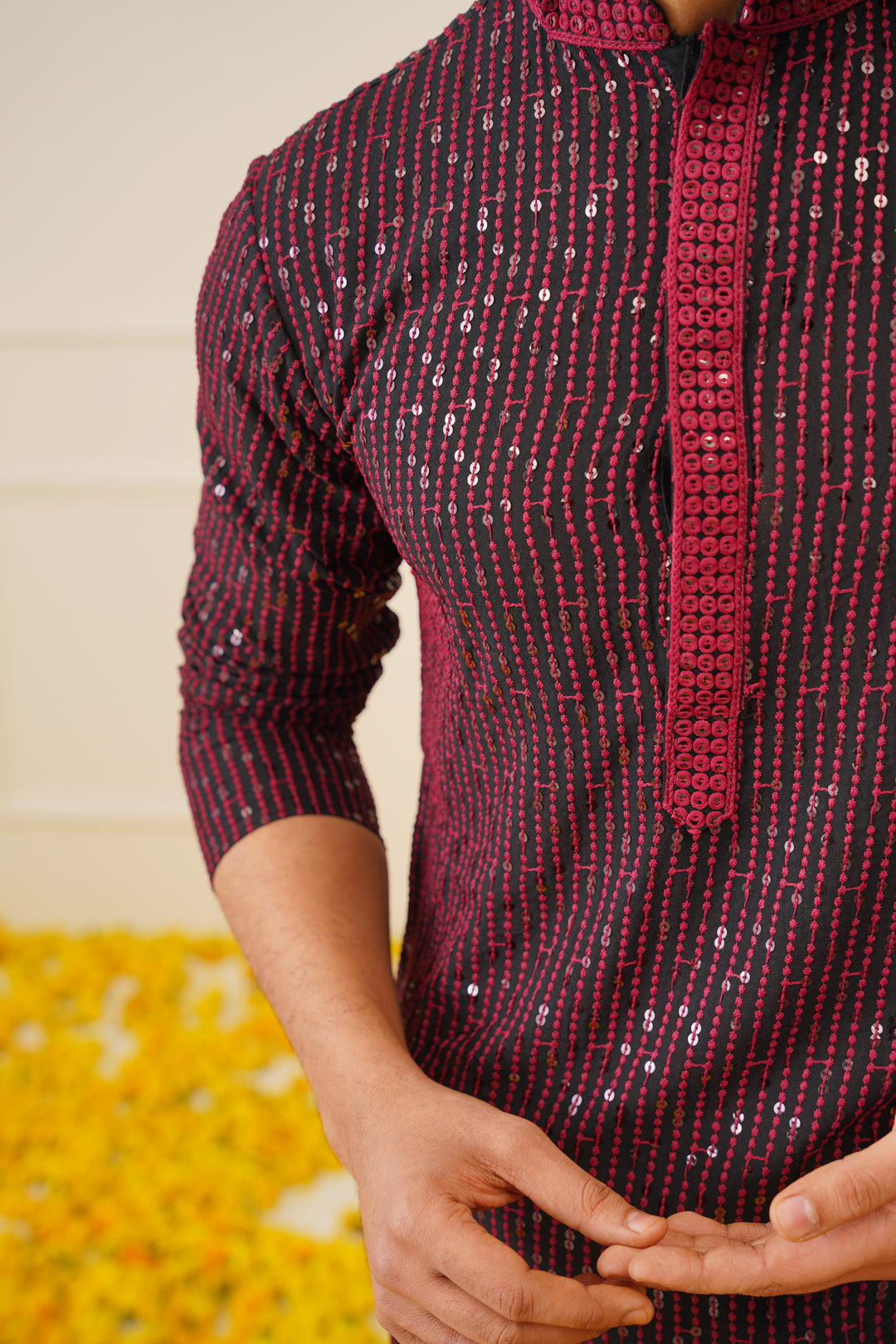 Jompers Men's Sequins Chikankari Embroidered Kurta with Pyjama - Maroon - Distacart