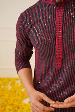 Thumbnail for Jompers Men's Sequins Chikankari Embroidered Kurta with Pyjama - Maroon - Distacart
