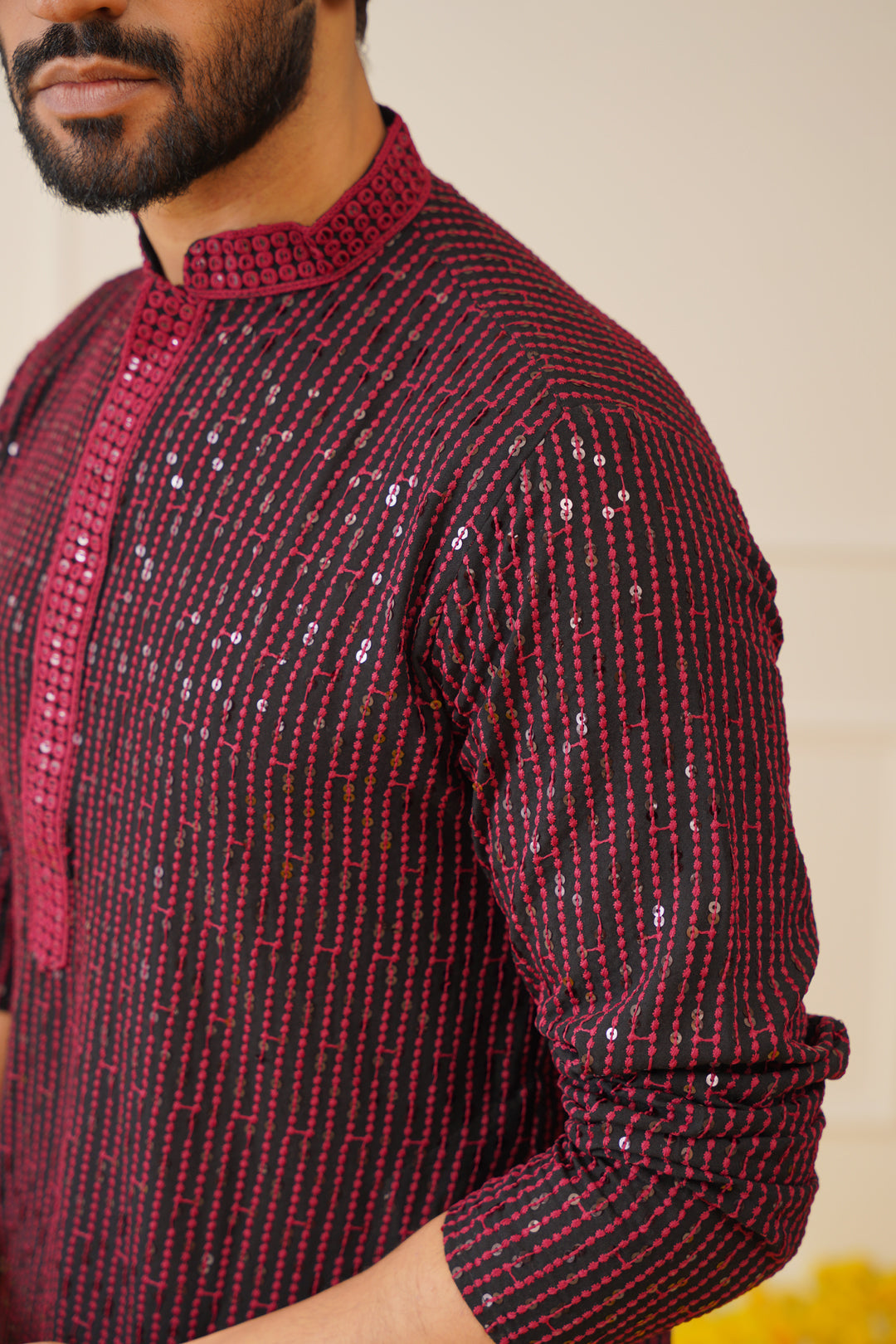 Jompers Men's Sequins Chikankari Embroidered Kurta with Pyjama - Maroon - Distacart