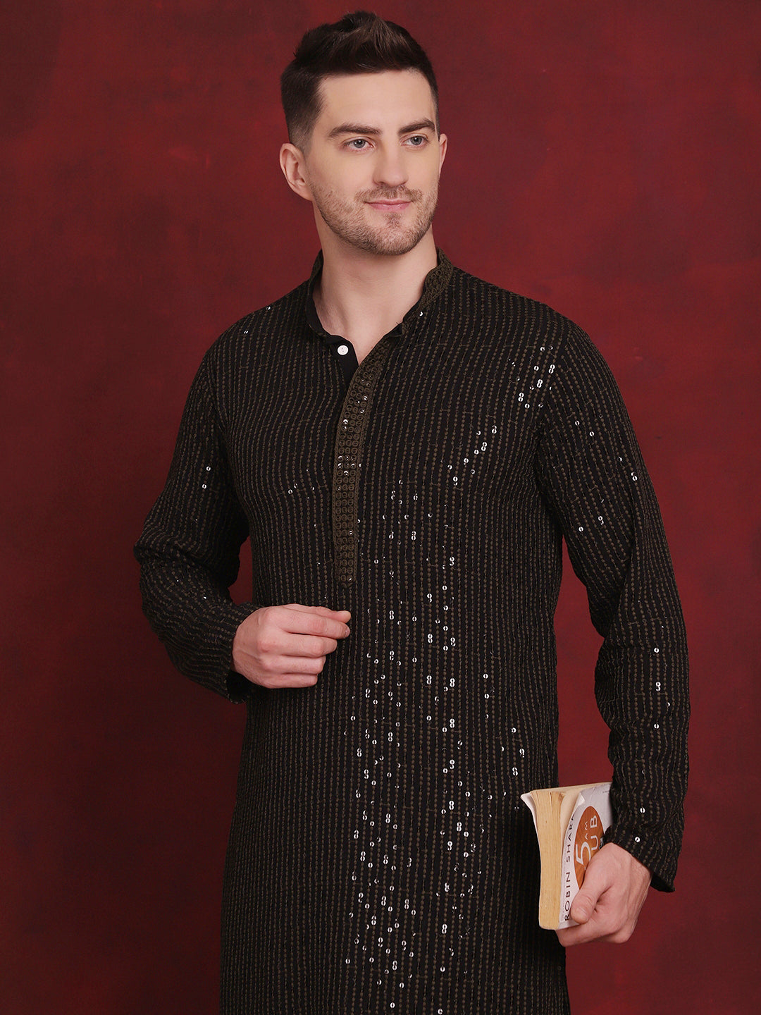 Jompers Men's Sequins Chikankari Embroidered Kurta with Pyjama - Olive - Distacart