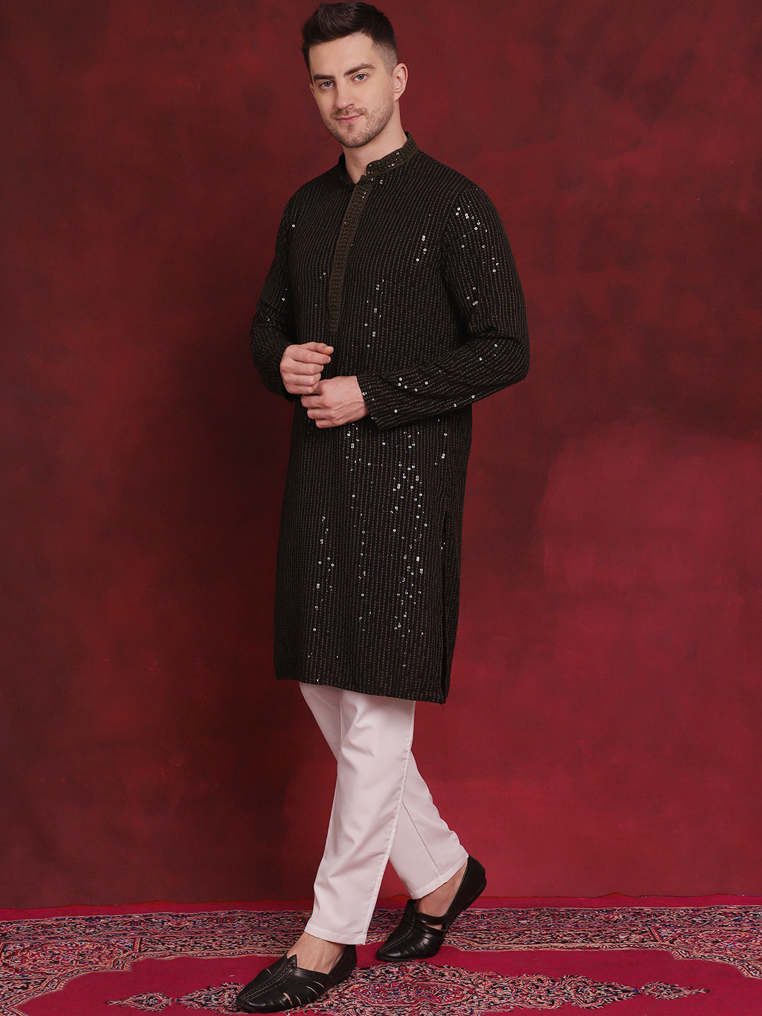 Jompers Men's Sequins Chikankari Embroidered Kurta with Pyjama - Olive - Distacart