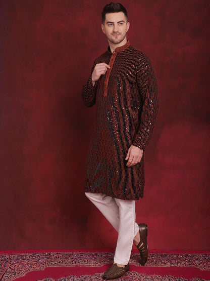 Jompers Men's Sequins Chikankari Embroidered Kurta with Pyjama - Orange - Distacart