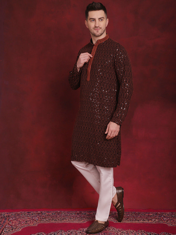 Jompers Men's Sequins Chikankari Embroidered Kurta with Pyjama - Orange - Distacart