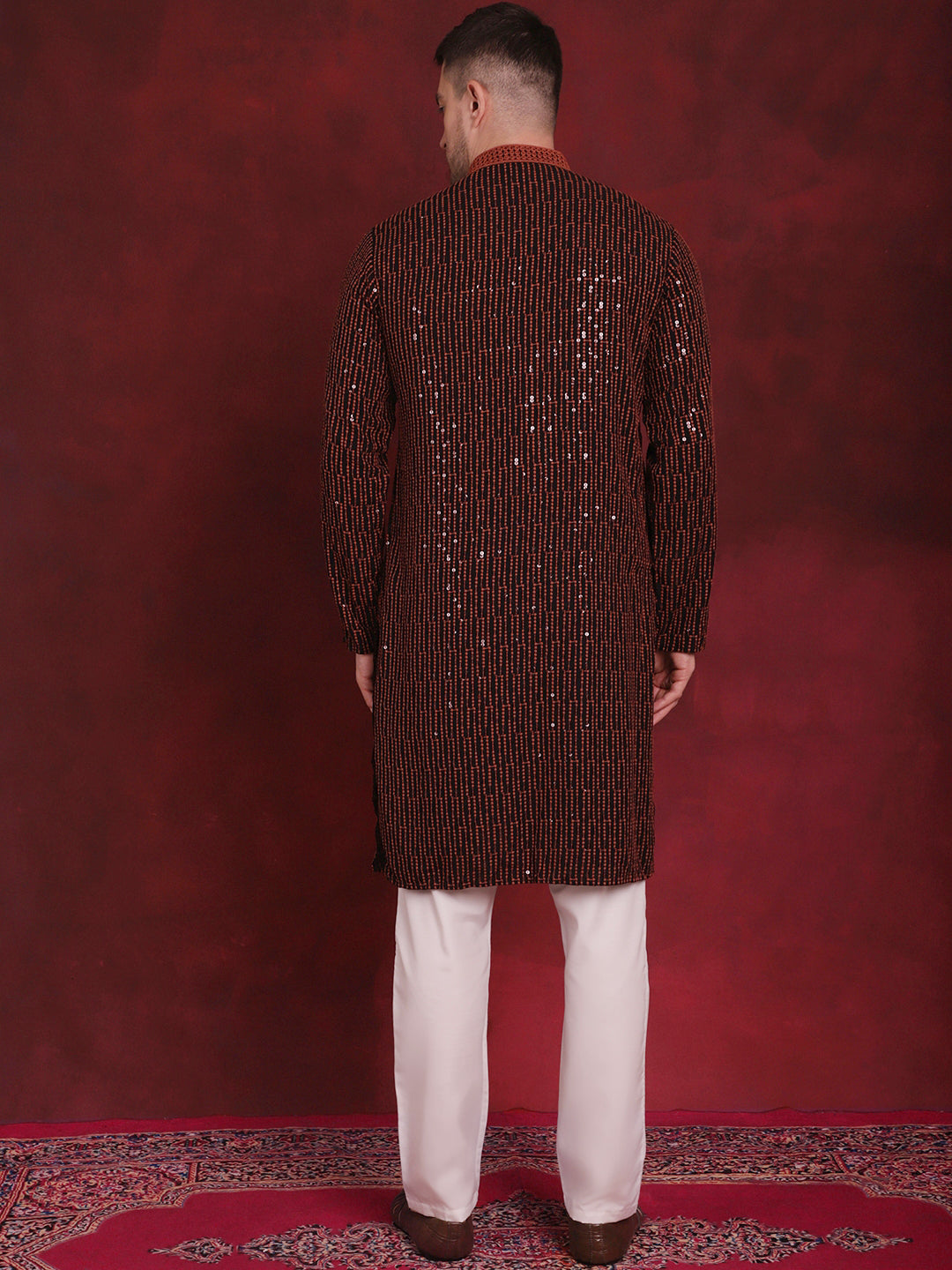 Jompers Men's Sequins Chikankari Embroidered Kurta with Pyjama - Orange - Distacart
