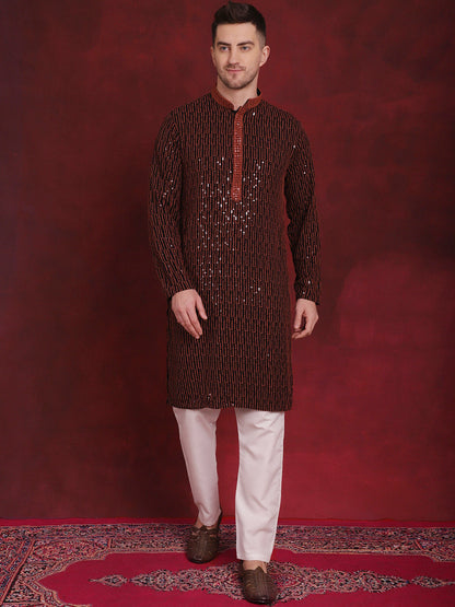 Jompers Men's Sequins Chikankari Embroidered Kurta with Pyjama - Orange - Distacart